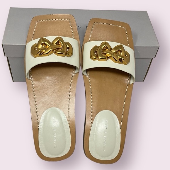 Charles & Keith Chain Accent Leather Slide Sandals in Cream and Gold - Picture 6 of 10